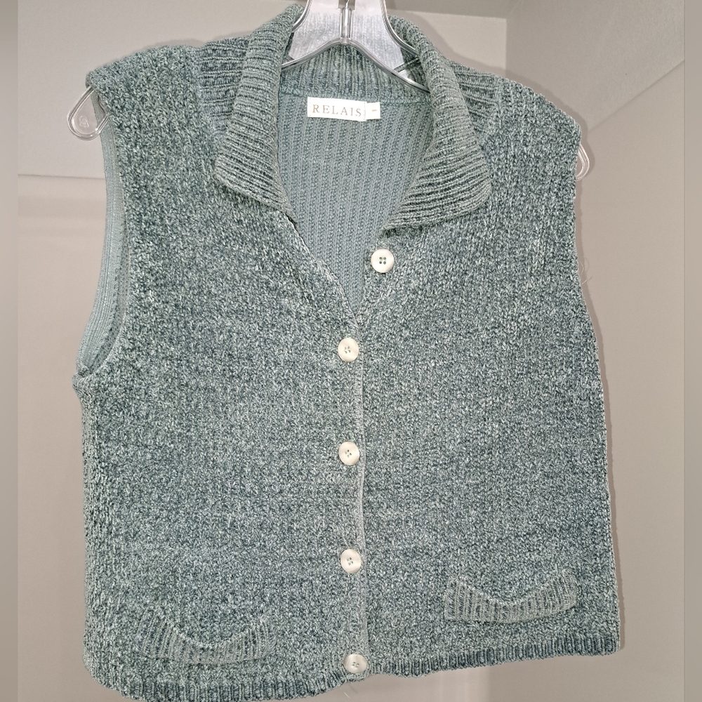 Green Knit Cardigan Sweater with Ribbed Details